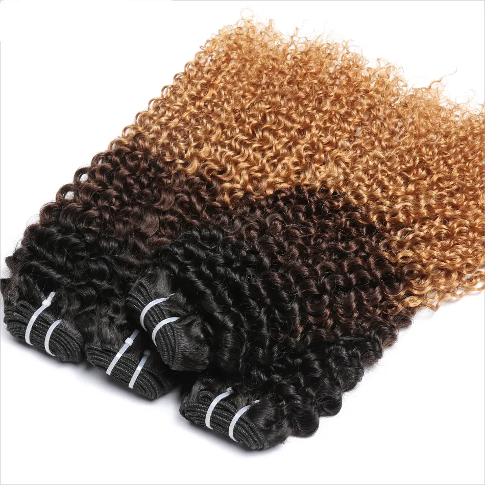 Brazilian Human Virgin Hair Weft Ombre 1b/4/27 Brown Blonde Kinky Curly Weaves Double Drawn 100g One Bundle