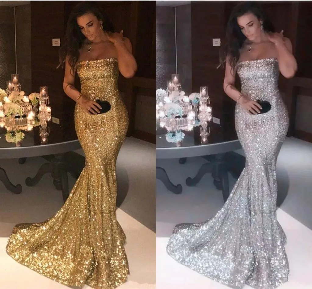 Seksowne bez ramiączek Silver Gold Mermaid Prom Dresses 2022 New Arrival Sparkly Cekiny Długie Formalne Suknie Wieczorowe Rocznika Party Nosić