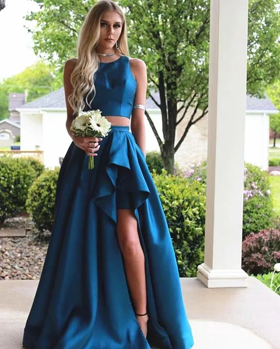 Dwa Kawałki 2018 Tanie Cena Prom Dresses High Niski Satin Jewel Neck Ruched Proste Projektant Side Split Wieczorny Party Formalne Suknie Dress