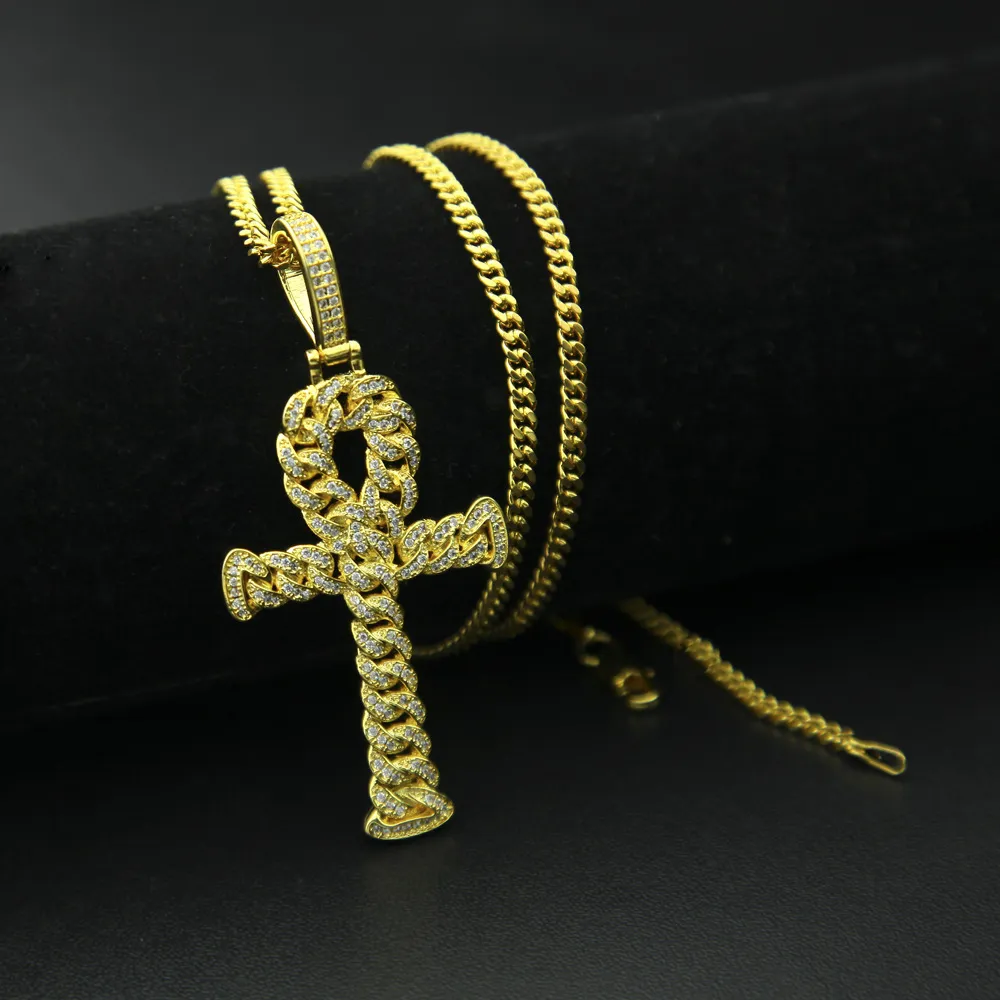 Hiphop Halsband för kvinnor Ny kopparmikro-inställning Zircon Ankh Key Pendant Full Diamond Cuban Chain Cross grossist