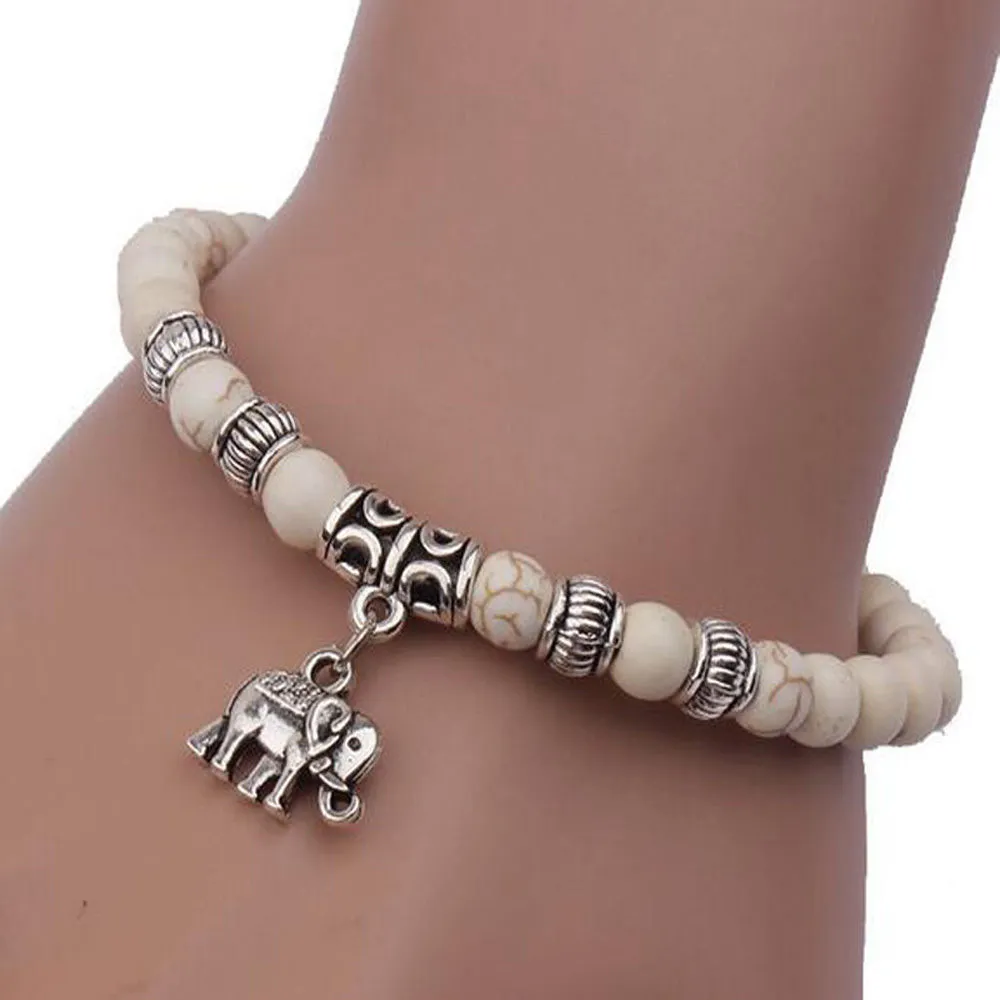 Fashion Tibetan Tibet Silver Elephant Pendant White Turquoise Beads 6mm Elastic Bracelet Bangles For Women Pulseiras Boho Jewelry Gift