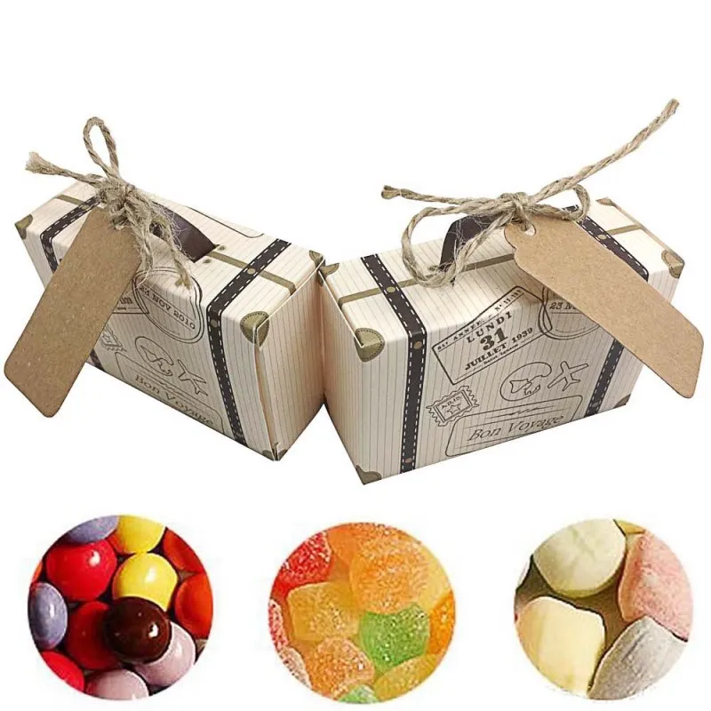 Mini koffer Kraft Candy Box Bonbonniere Bruiloft Boxen Travel Themed Party Feest voor verjaardag Baby shower Doos
