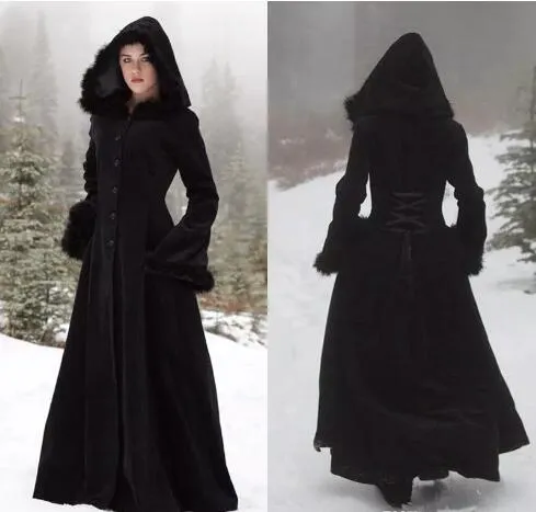 2018 Yeni Kürk Hallowmas Kapüşonlu Cloaks Kış Düğün Pelerinler Wicca Robe Sıcak Mont Gelin Ceket Noel Siyah Etkinlik Aksesuarları