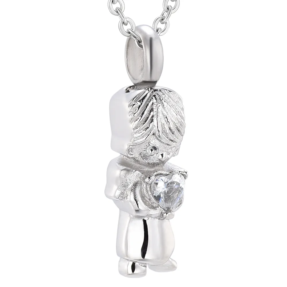 Bijoux commémoratifs tenir cendres garçon tenir coeur cristal crémation urne collier urne funéraire cercueil en acier inoxydable pendentif collier