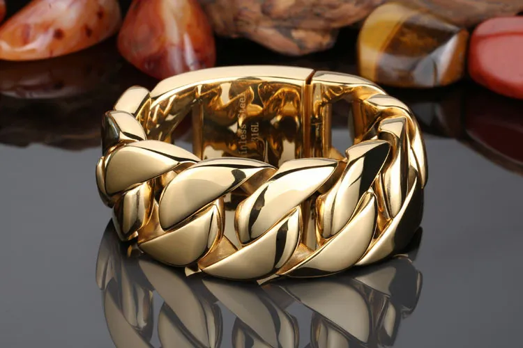 31mm Width Punk Mens Gold Plated Super Heavy Thick 316L Stainless Steel Round Curb Cuban Chain Bracelet titanium steel bangle jewe2430340