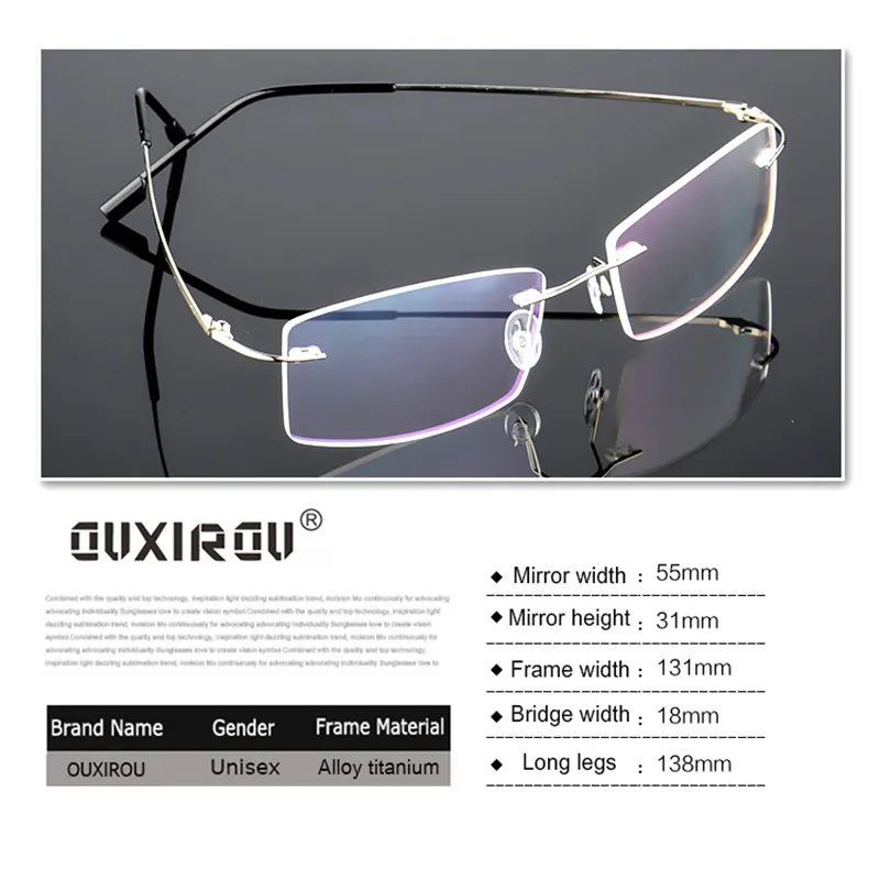 Lätt Rimless Glasses Frame Memory Titanium Eyeglasses Women Men Square Myopia Optiska glasögon Frames Oculos de Grau S858