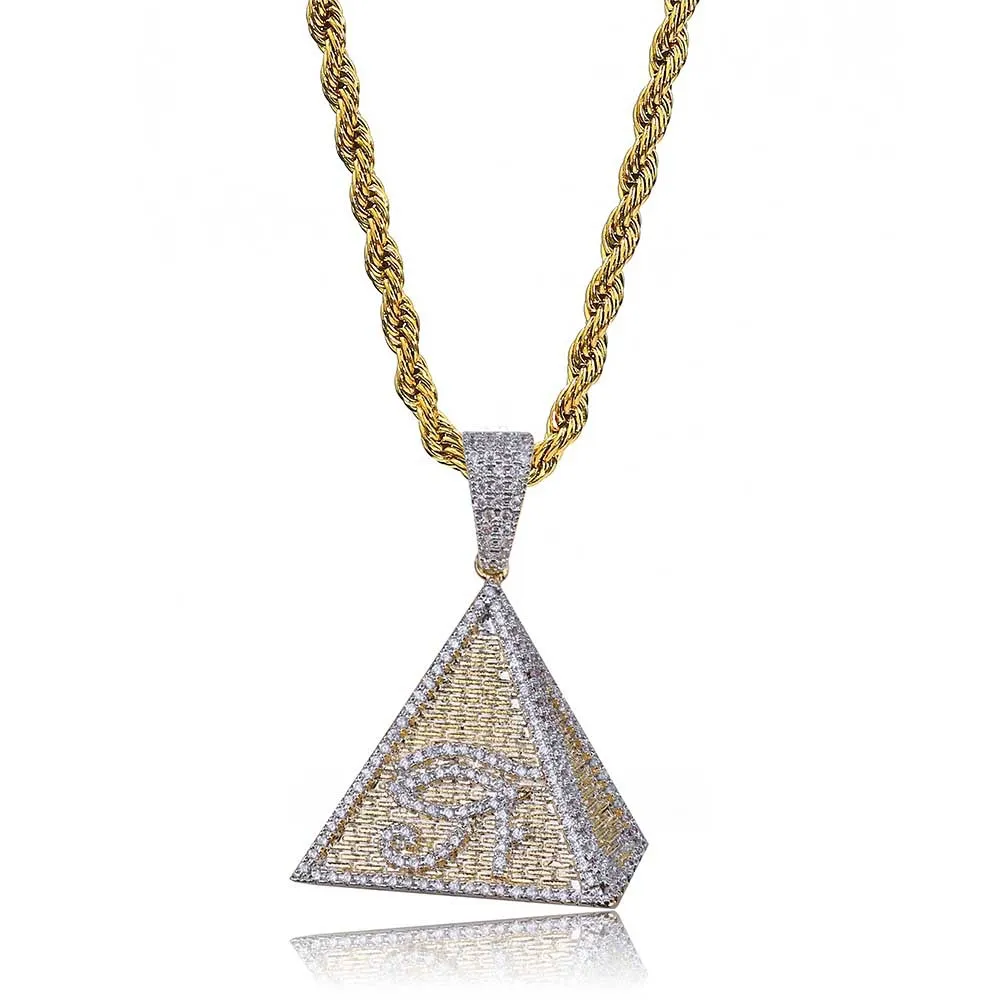 Hip Hop Iced Out Gold Color Plated Egyptian Pyramid Eye of Horus Pendant Necklace Micro Paved CZ Chram Jewelry