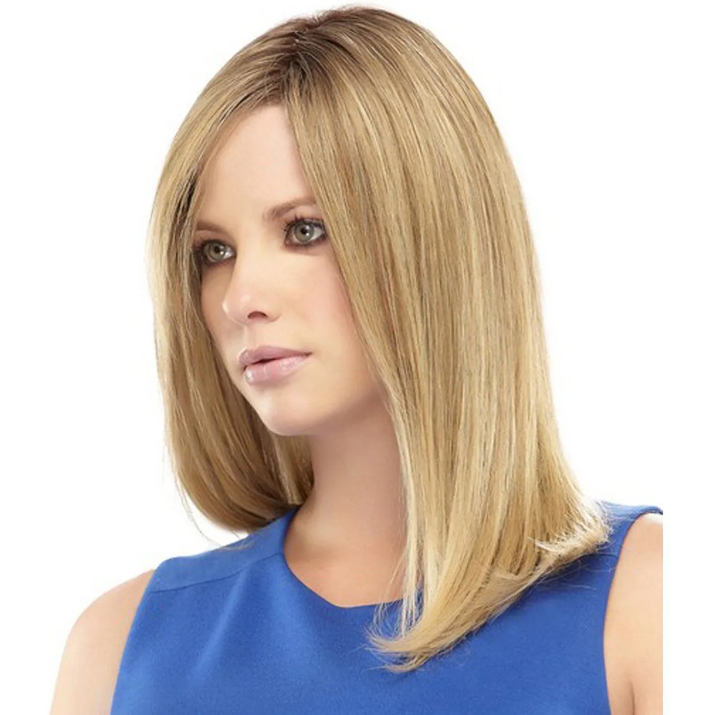 Donne 18.5 "Parrucche per capelli lunghi Bob Radice nera BlParrucca corta per capelli lisci sintetici Ombre Blonde Bob Parte laterale Parrucche per radici scure