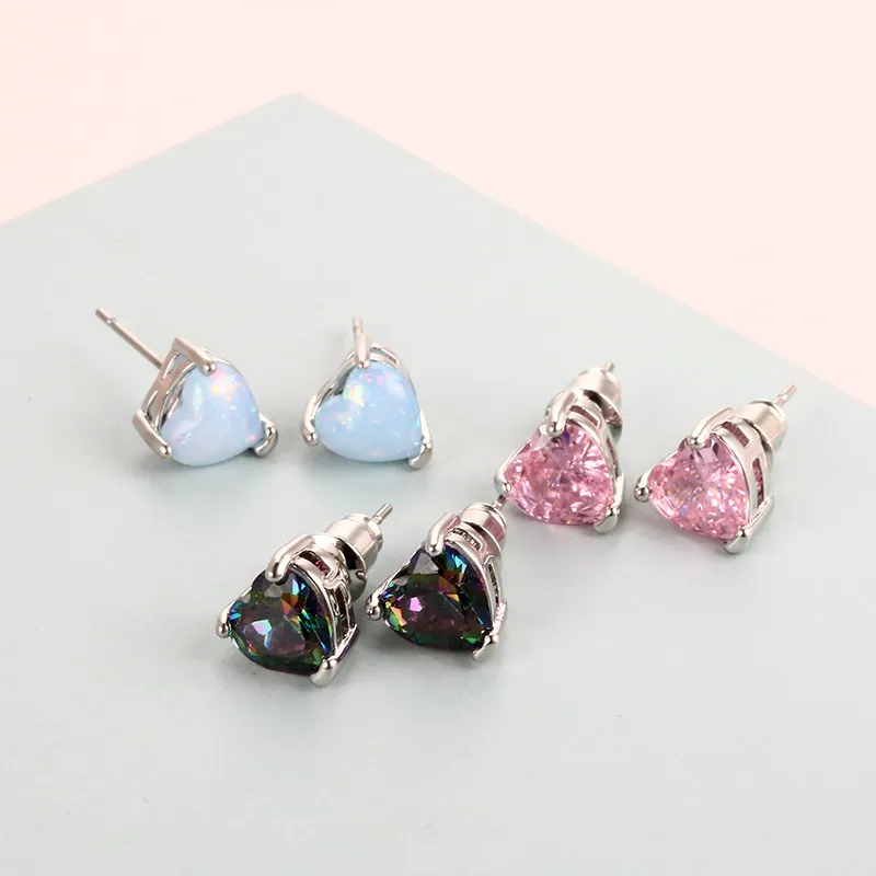 Diamond Opal Earrings Crystal Cubic Zirconia Love Heart Stud Earrings Wedding Earrings Fashion Jewelry Women Gifts Drop Shipping