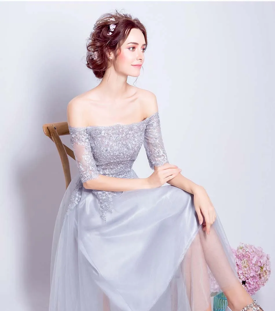 Fairy Bridesmaid Dresses Light Gray Soft Tulle with Applique Strapless Zipper Back Tea Length Summer Wedding Party Dresses Cheap