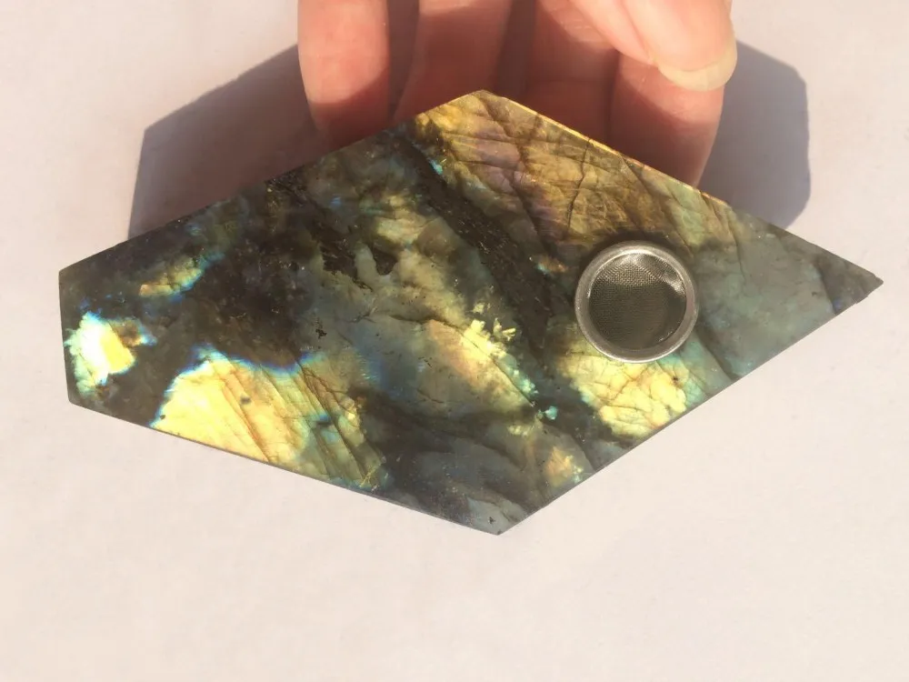 Naturlig Quartz Nice Flash Labradorite Crystal Rökning Pipe Pentagonal Strainer Quartz Stone Tobacco Pipe Healing Rhomboid Point