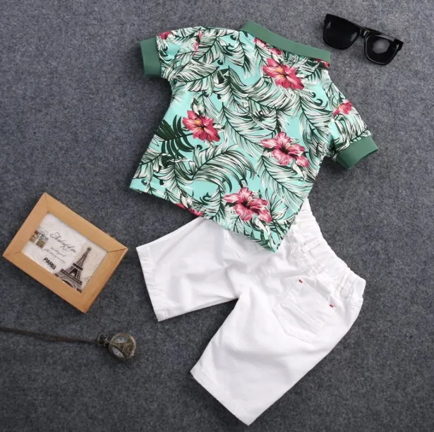 2 stücke Kleinkind Kinder Jungen Fashion Sets Blume Polo Shirt + Weiß Kurze Hosen Outfits Baumwolle Sommer Kleidung Set