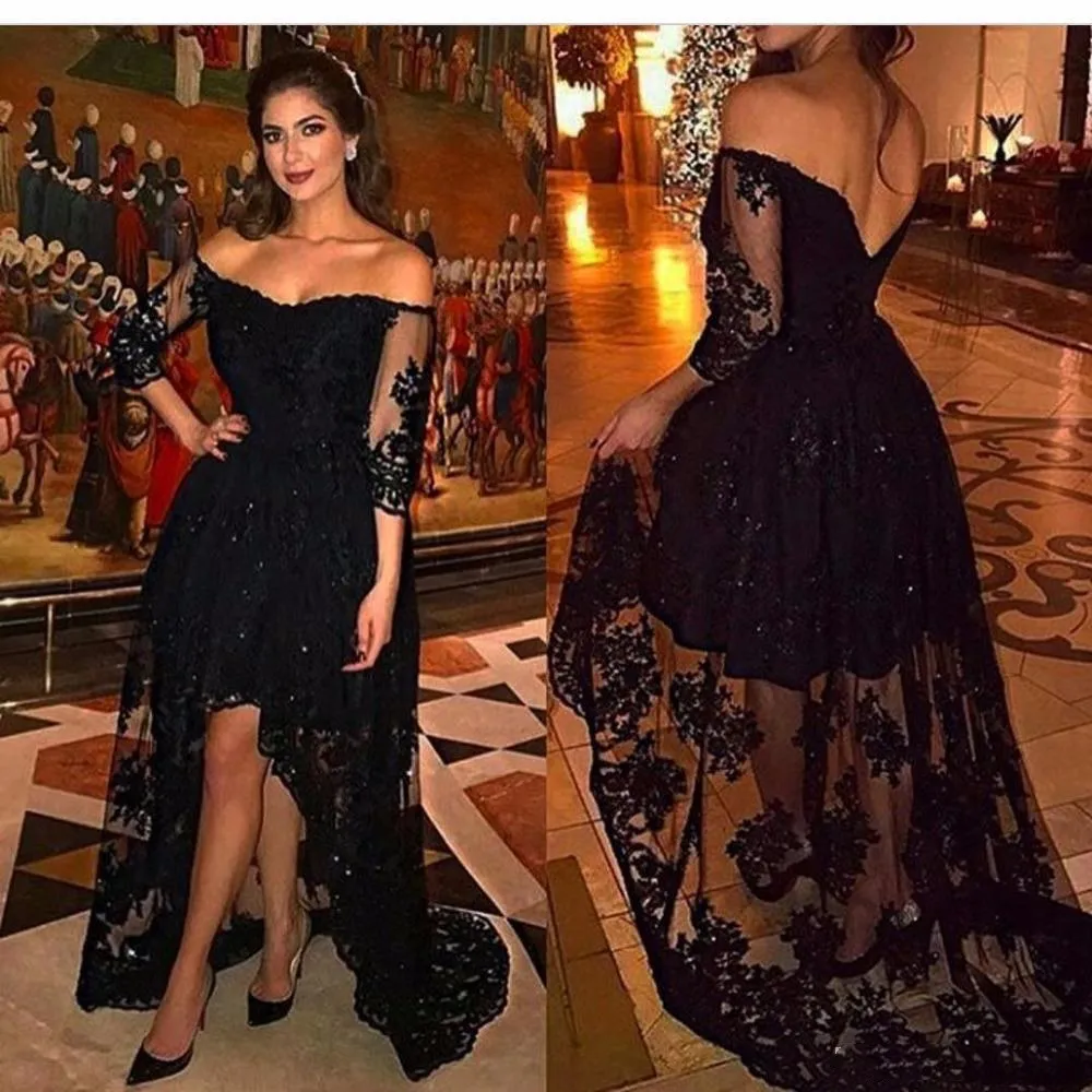 Arabic Dubai Black Lace Prom Dresses Off the Shoulder Evening Dresses High Low Evening Gowns Formal Plus Size Party Gowns 2018 New