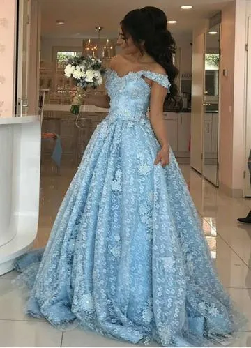 Vestido de fiesta de encaje azul con hombros descubiertos Vestidos de novia de princesa Mariage Nigeria 2018 Vestidos de novia de boda de campo Dubai Venta