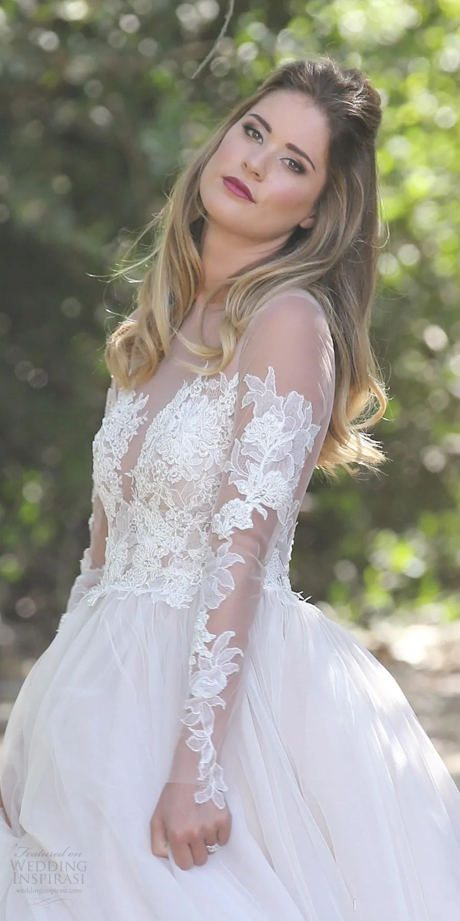 Nouveau design romantique pays dentelle robes de mariée col transparent manches longues à plusieurs niveaux tulle illusion dos robes de mariée sur mesure HY183