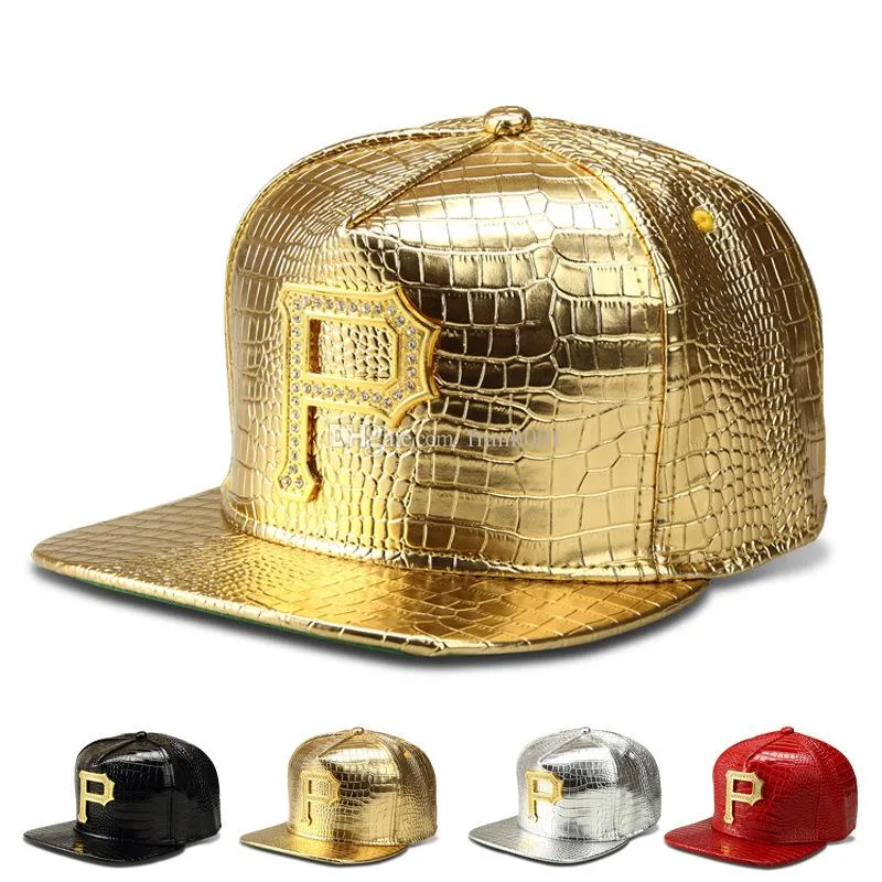 Novo estilo p logotipo dourado couro pu snapback bonés de beisebol diamante crocodilo grão masculino feminino dj rap esportes hip hop hats5971309