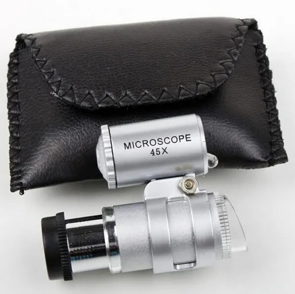 Microscópio 45x jóia lupa jóias loupas mini magnifiers microscópios de bolso com luz LED + bolsa de couro lupa MG10081