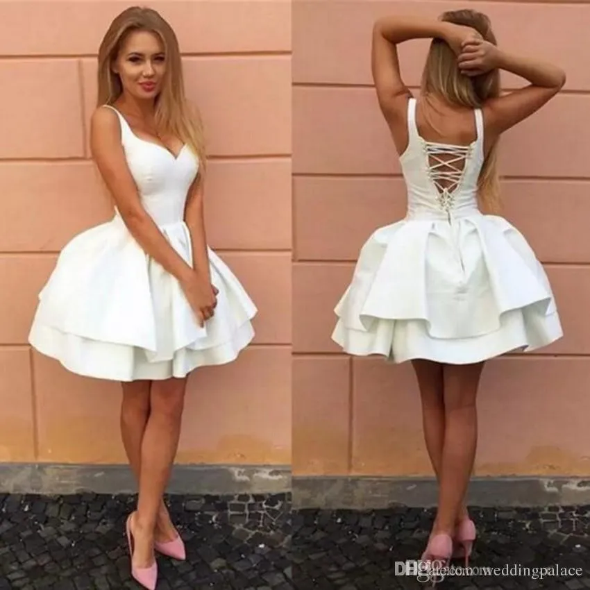 Sexy Новая мода Sexy Белый Короткие Homecoming платье V шеи Backless коктейль платья выпускного вечера Мантия-де-девицы Легиона