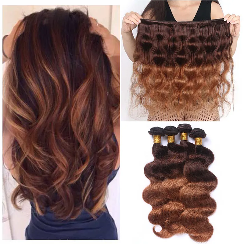Brazilian Human Hair Weaves Ombre Body Wave 3/4 Bundles Two Tone Colored 4/30# Dark Brown Ombre Wavy Human Hair Weft Extensions