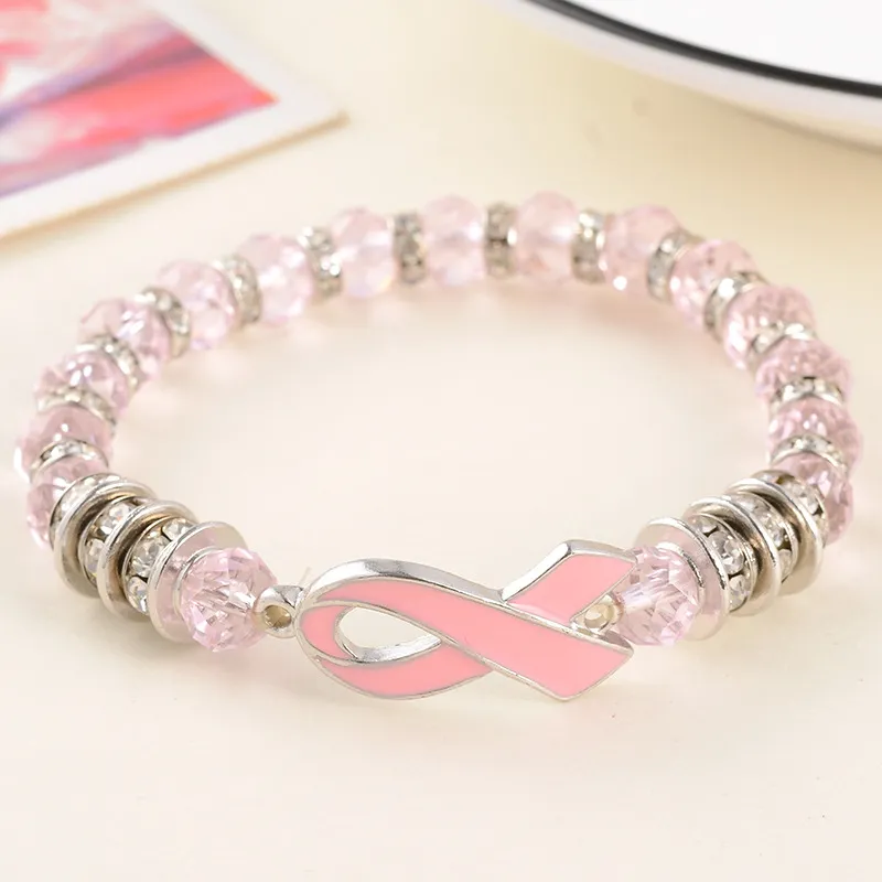 Ny Ankomst Bröstcancer Medvetenhet Armband Kvinnor Rosa Ribbon Bröstcancer Bangle Glass Pärlor Kedjor För Ladies Fashion DIY Smycken