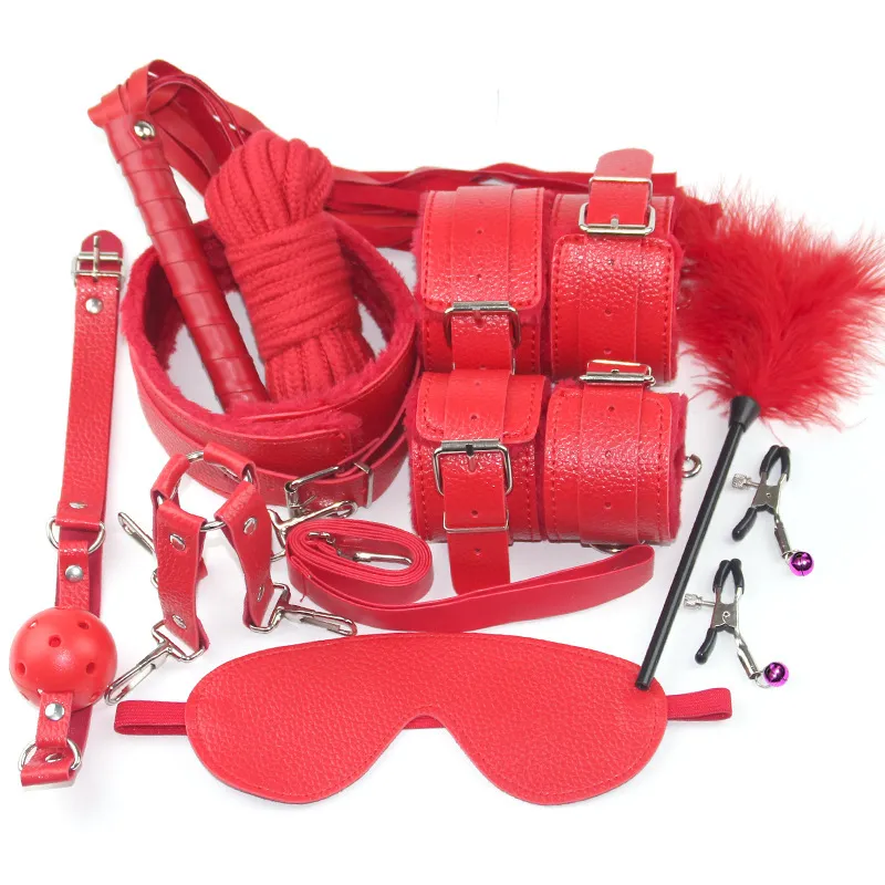 10 pc Fetiche BDSM Bondage Sex Restraint Kit Jogos Acessórios Eróticos para Casais Máscara + Colar + Mordaça de Boca + Sex s + Chicote Y1893001