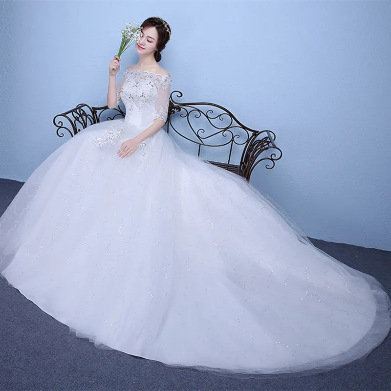 Photo réelle de luxe longue Train robe de mariée 2018 Court Vintage col bateau demi manches dentelle robe de mariée vestido de noiva Appliques