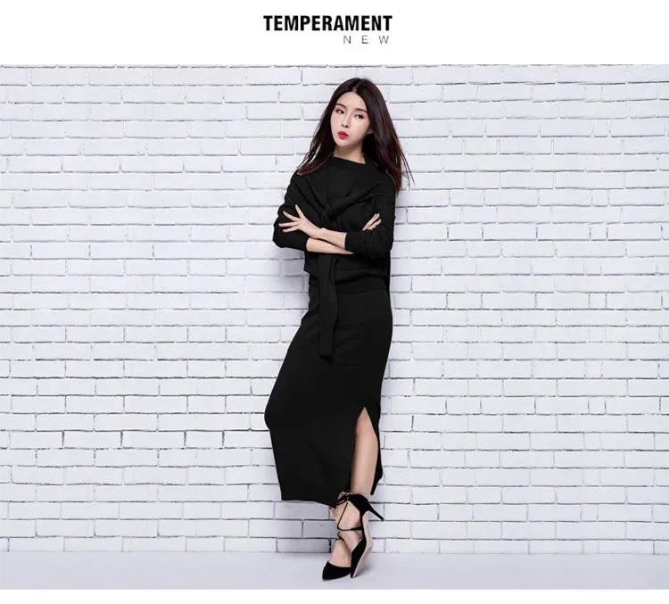 17Autumn And Winter Fashion Korean Women Sweater Knit Dress Slit Skirt Suit Two-Piece Cashmere Sweater Authentic