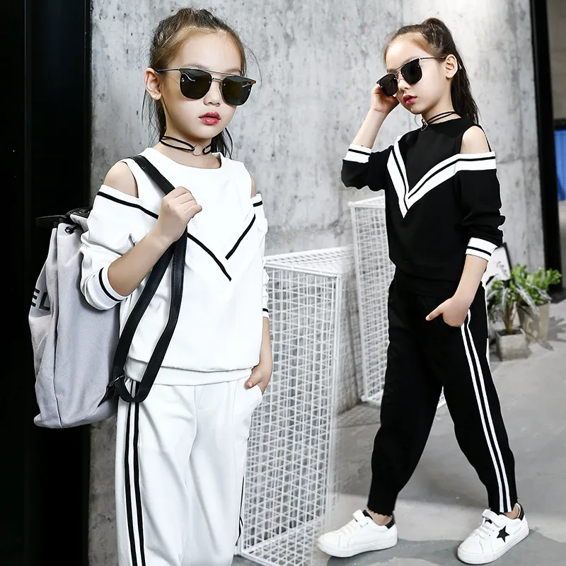 Moda Grandes Meninas Esportes Ternos Off Ombro Preto e Branco Conjunto para Adolescentes Autumn Tracksuit Kids Plus Size Sportswear