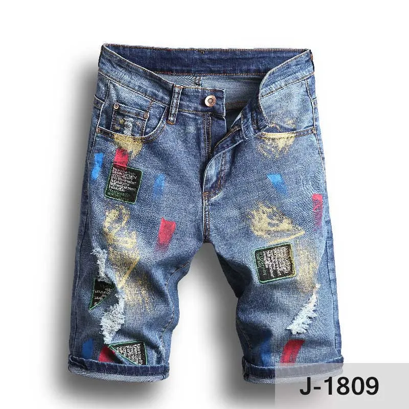 Pantalones vaqueros cortos para hombre Pantalones de motociclista con  pintura en color Agujeros rasgados ajustados Pantalones cortos de mezclilla  para