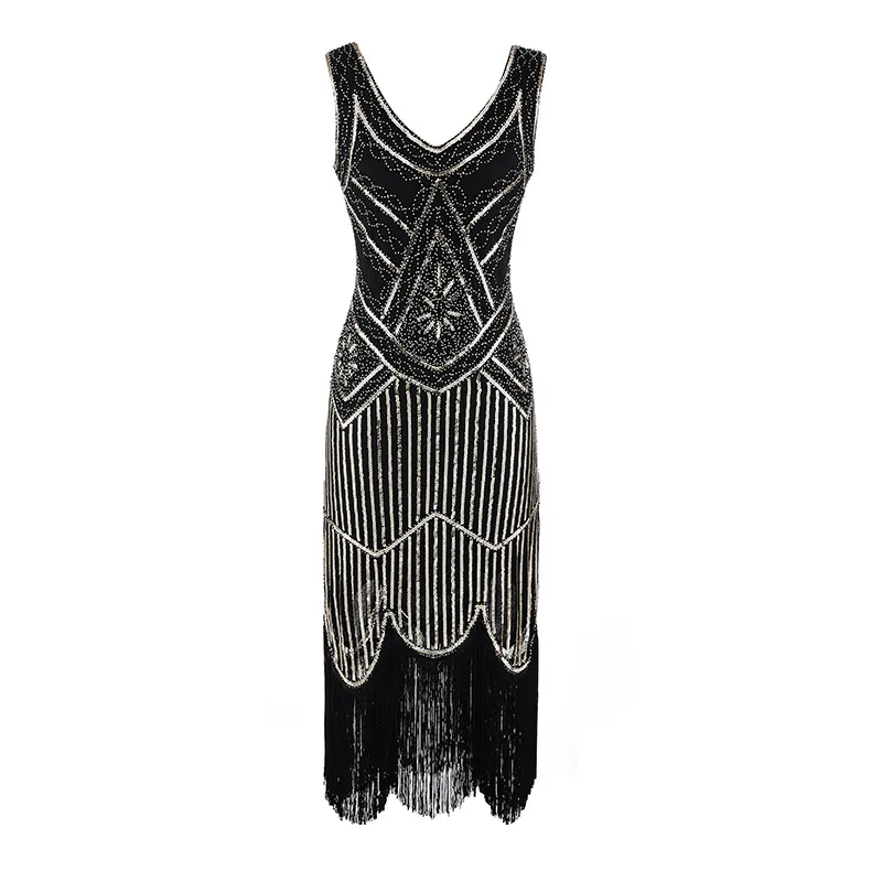 Frauen Partykleid Robe Femme 1920er Jahre Great Gatsby Flapper Paillettenrandkleid Perlen Quaste Quaste