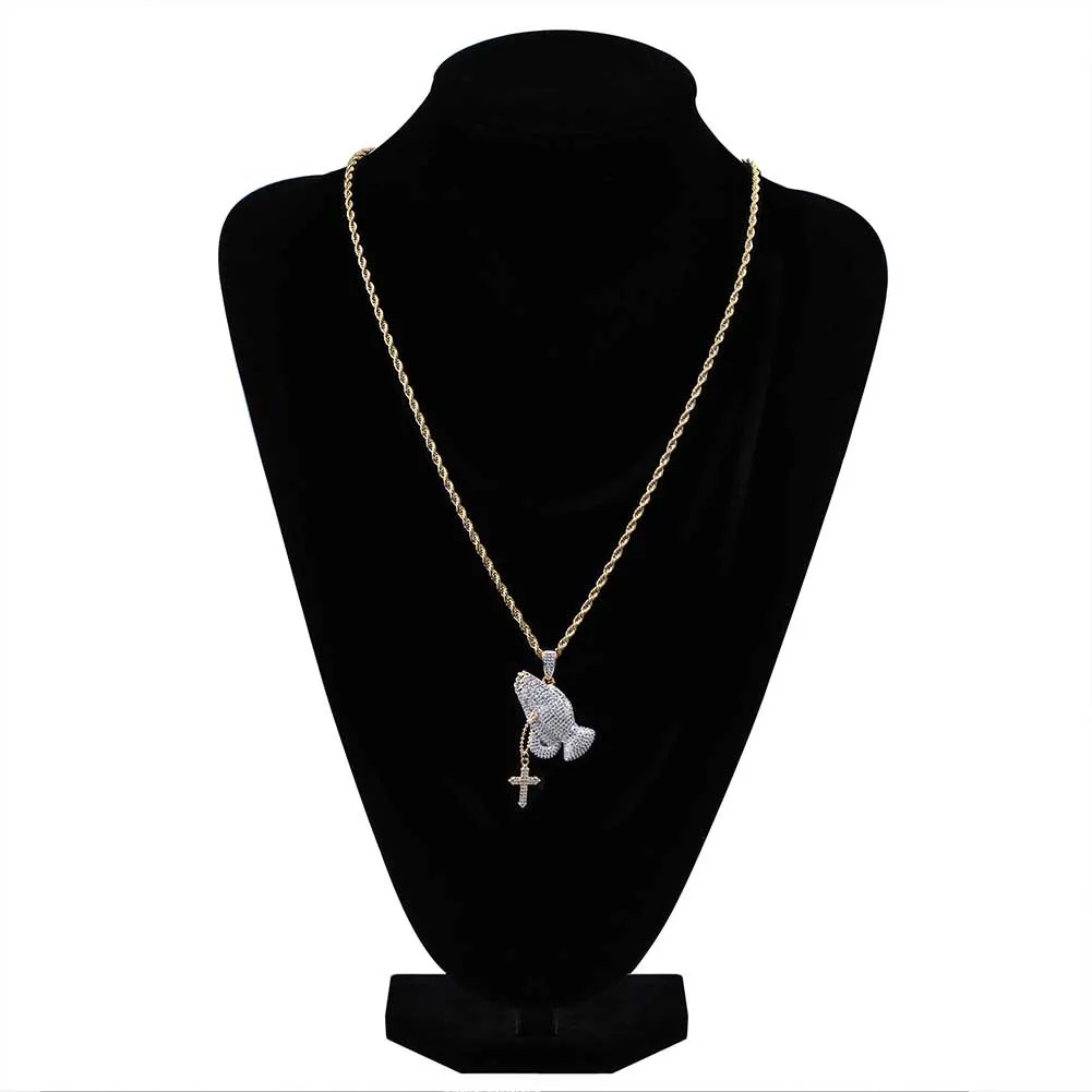 Gebedshand met kruishanger ketting Iced Out volledige zirkoon ketting hiphop gouden ketting voor mannen sieraden7584423