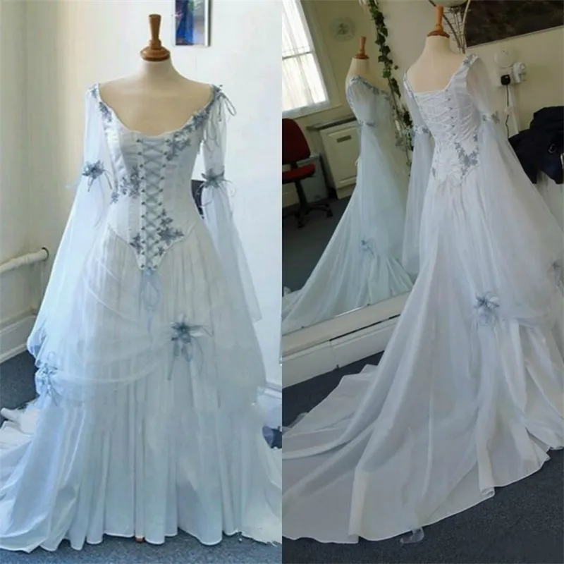 Vintage Celtic Gothic Corset Wedding Dresses Long Sleeve 2019 Plus Size Sky Blue Medieval Halloween Occasion Bridal Gowns