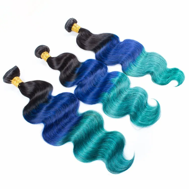 #1B/Blue/Green Ombre Virgin Brazilian Human Hair Bundles with 13x4 Full Lace Frontal Closure Three Tone Colored Human Hair Weaves