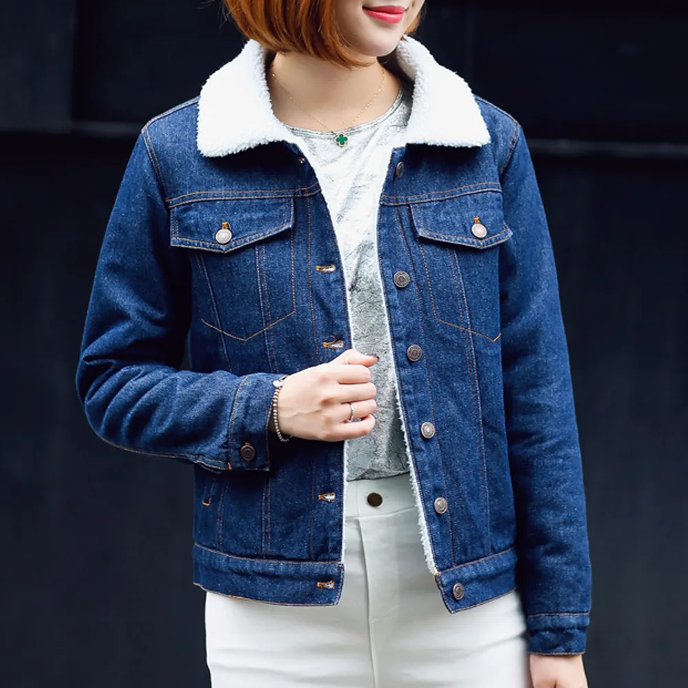 2018 New Women Spring Autumn Winter lambswool jean Cotton Coat Thickening Long Sleeves Warm Jeans Outwear Loose Denim Jacket