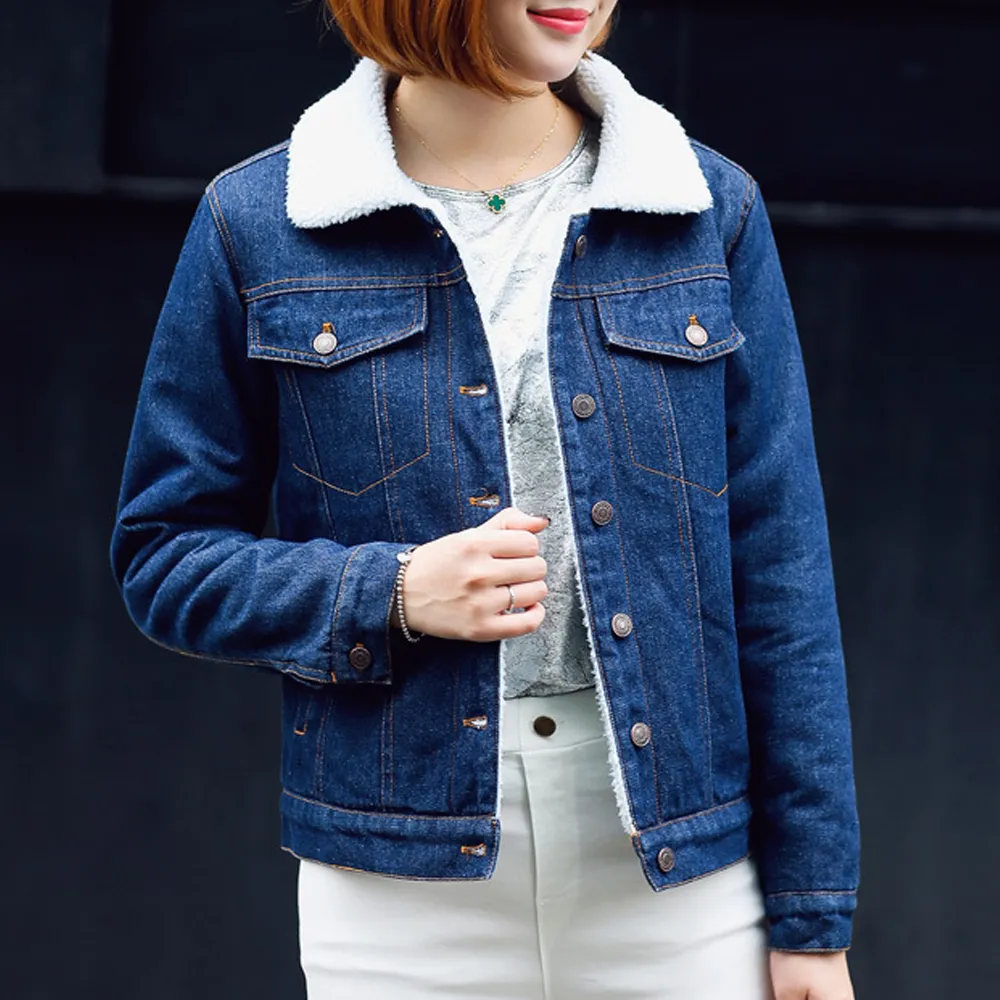 2018 Nya kvinnor Spring Autumn Winter Lambwool Jean Cotton Coat Thickning Long Sleeves Warm Jeans Outwear Loose Denim Jacket