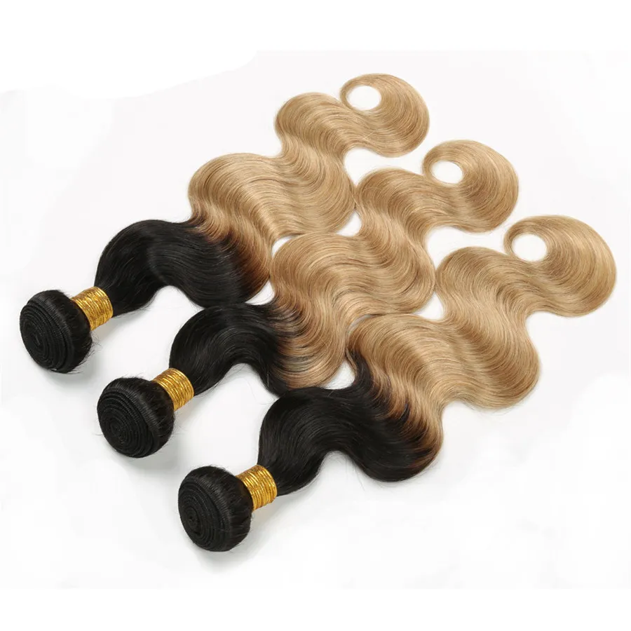 Cheveux indiens crus colorés 3 paquets avec fermeture à lacets partie centrale vague de corps T1B 27 blond miel Ombre cheveux humains Weaves7522601