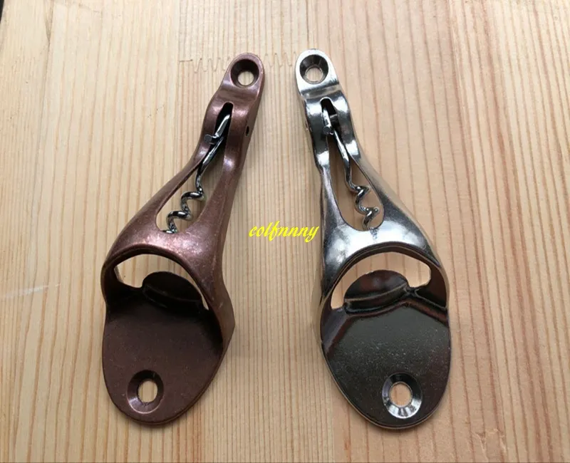 5pcs/lot Free shipping 2 in 1 Retro Metal Wall Mount Red Wine Bottle opener + beer bottle openers with screws Bar tools