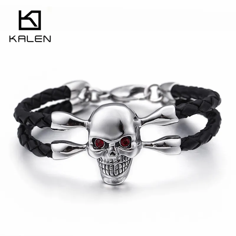 Skull Bracelet For Men Male 220 5mm Black Leather Rope Stainless Steel Polished Red Stone Eyes Bracelets KALEN