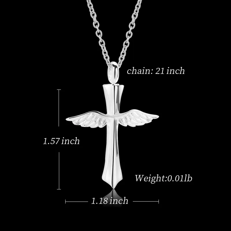 New angle wings cross cremation memorial ashes urn keepsake stainless steel pendant necklace jewelry for men or women