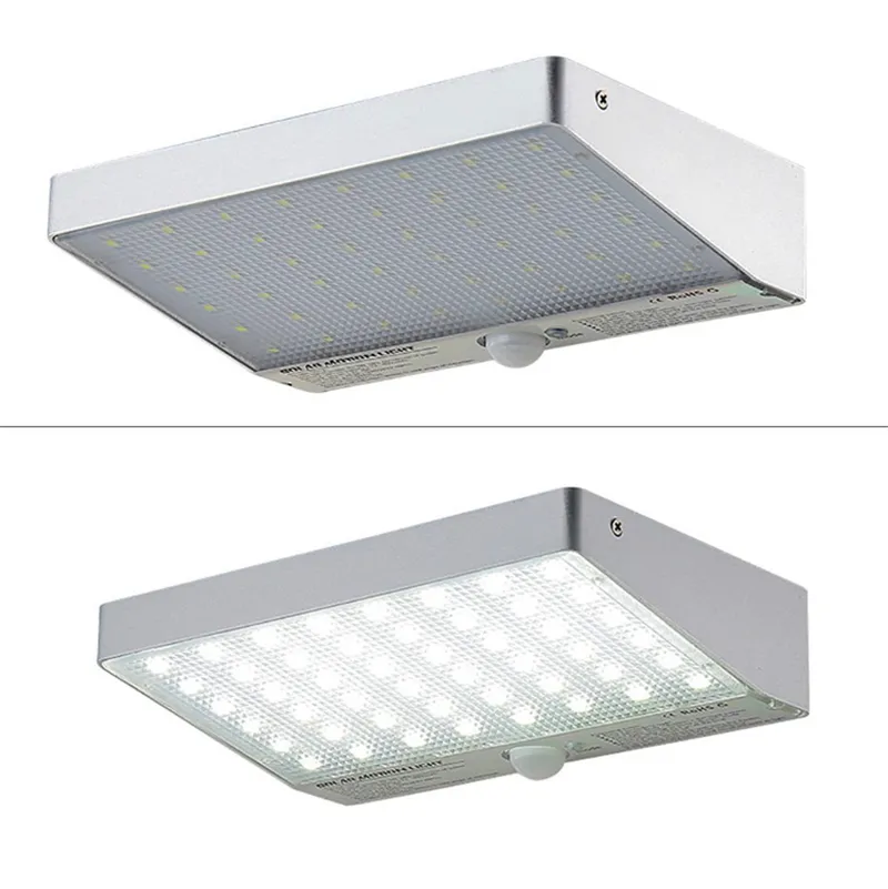 CE ROHS FCC Drahtlose PIR-Bewegungssensor LED-Solarlampe Straßenhof energiesparende Solar-LED-Außenwandleuchte aus flacher Aluminiumlegierung 48LED