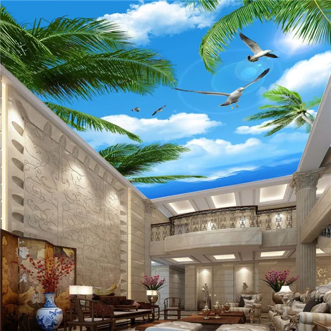 Fond d'écran PO personnalisé Blue Sky Sea Coconut Trees SeaBirds Salon suspendu Plafond Mur Mur Mural Fond d'écran 3D16638216608952