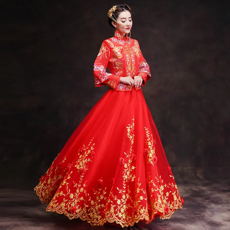 Vår Traditionell Show Bride Dress Suzhou Broderi Långärmad Kinesisk stil Bröllop Cheongsam Aftonklänning Röd Vintage Dragon Rose Gown