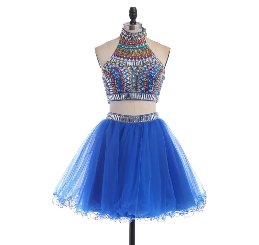 High School-Abschlusskleider für Jahr Cotto Royal Blue Zwei-Stück-Heimkehrkleider A-Line Short Piece Prom Kleid Real Image Hy0097