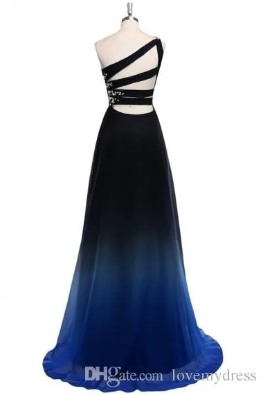 2022 Ombre Stufe Color Evening Kleid Ein Schulterimperium Taille Chiffon Schwarz Royal Blue Designer Langes billiges Prom Formal Special1988113