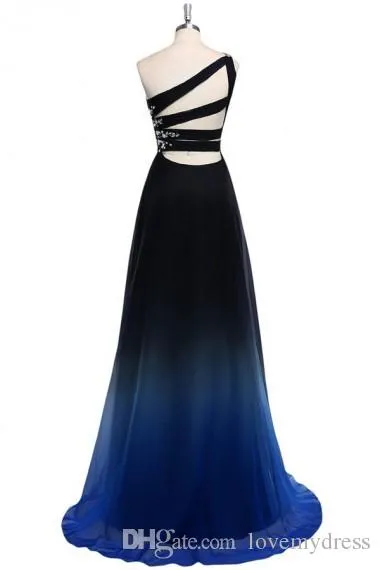 2022 Ombre Colore sfumato Abito da sera Una spalla Vita impero Chiffon Nero Royal Blue Designer Lungo economico Prom Occasioni speciali formali