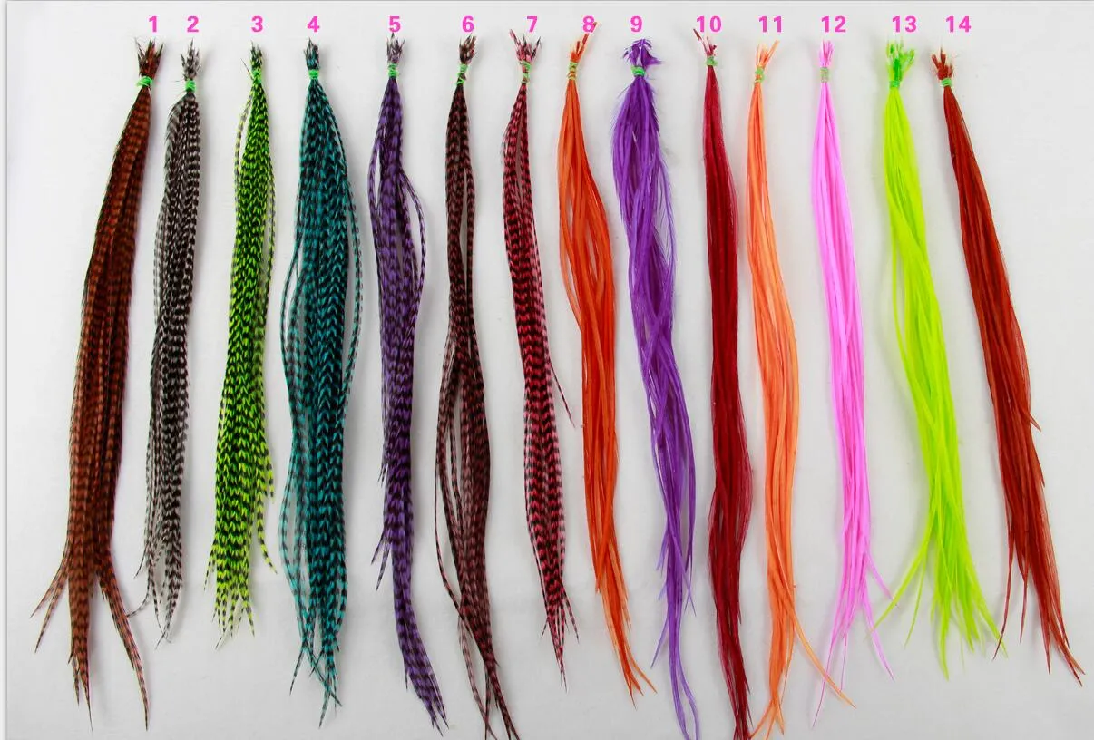 10 stks lot 15-35 cm natuurlijke kleuren haar veren 100% real grizzly dunne haan Individuele veer hair extensions238M