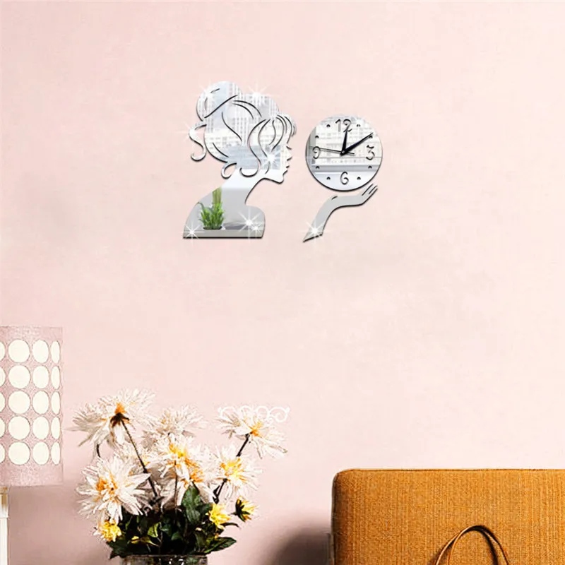 Wall clock The clock on the wall Originality fashion Technology Mirror girl Mirror stickers Clocksandwatches Wall stickers