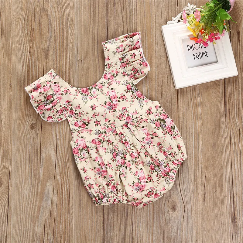 Lato Noworodek Dziewczynek Ubrania 2018 Backless Floral Ruffles Rękaw Romper Kombinezon Baby Body Garnitury Sunsuit Infant Toddler Dziewczyny Odzież