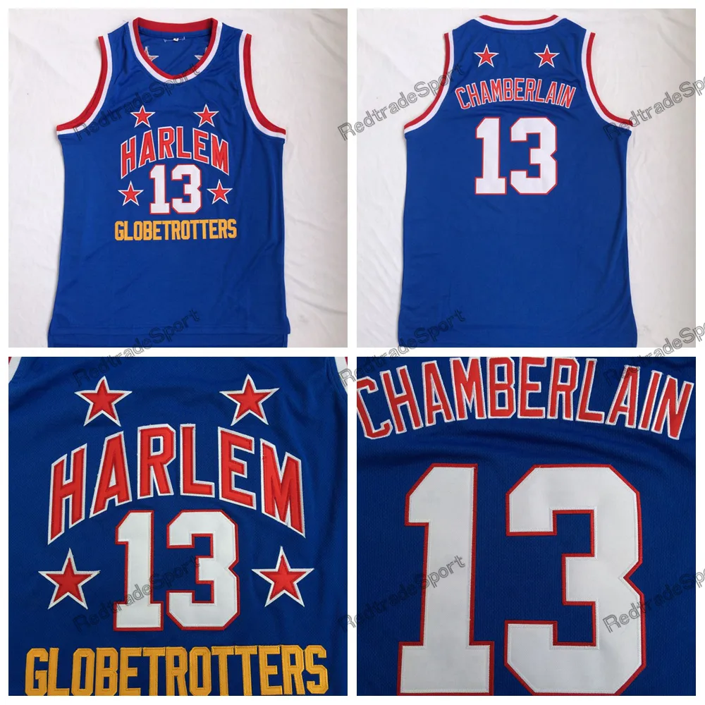 Wilt Chamberlain Harlem Globetrotters #13 Basketball-Trikots für Herren, Vintage-blaue Stickerei-Hemden, genäht, S-XXL