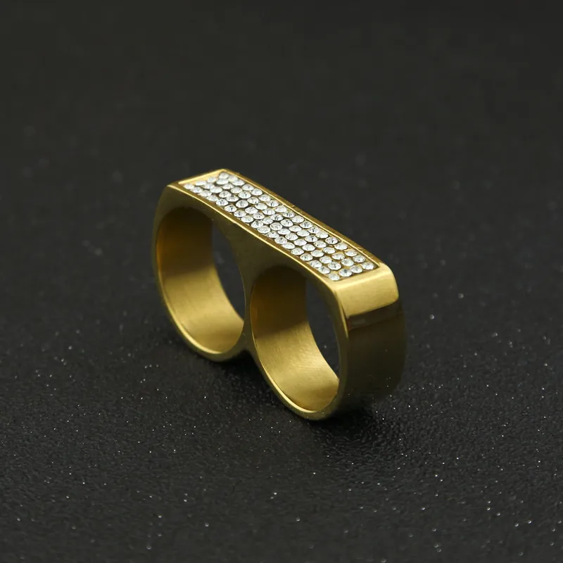 Heißer verkauf männer 18k gold plattieren runde hochzeit ring retro silber strass zwei finger doppelstahl größe 6-15